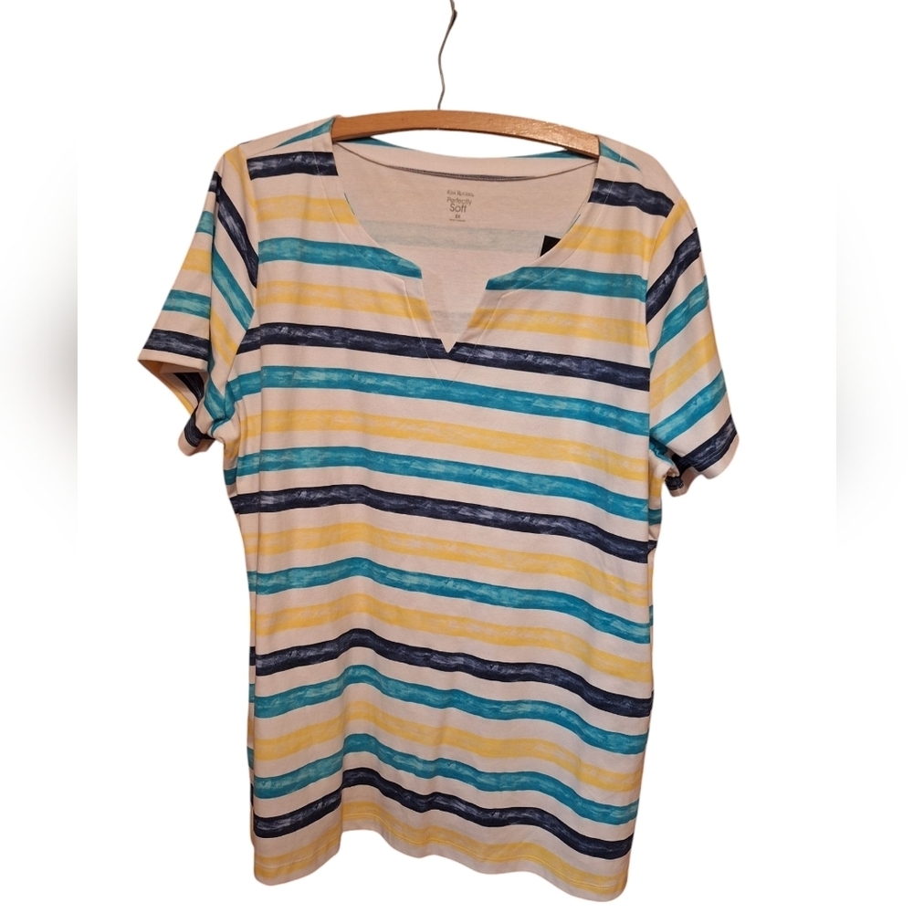 Kim Rogers Perfectly Soft Yellow Striped Split Neck SS Shirt Plus size 2X NWT
